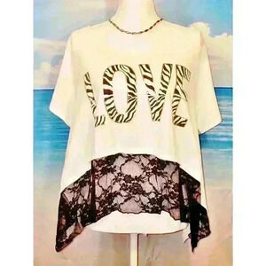 RAINBOW Womans Casual Shirt OFF SHOULDER Juniors CROP TOP printed LOVE size Lg